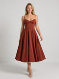 Wine Matte Satin A-Line V-Neck Back Zip Tea-Length Birthday Dress