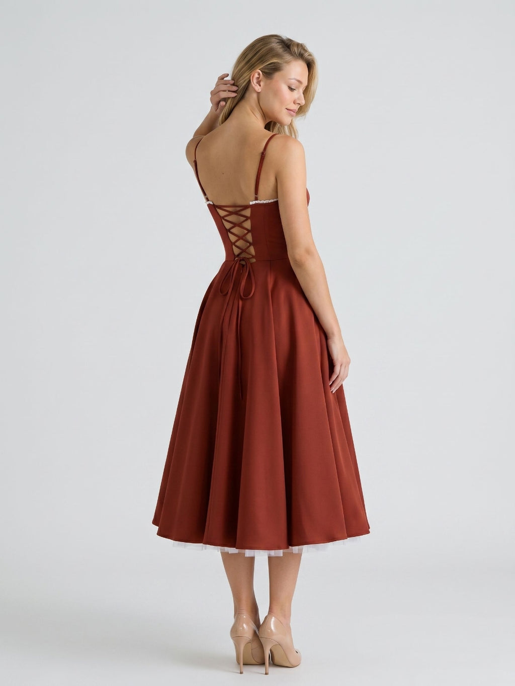 Wine Matte Satin A-Line V-Neck Back Zip Tea-Length Birthday Dress