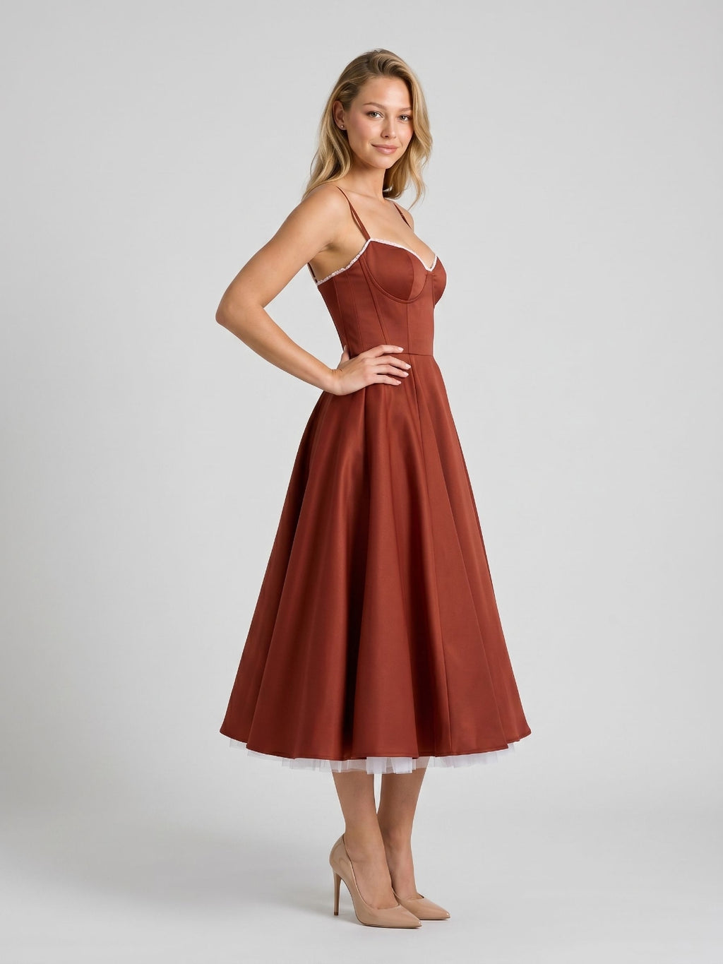 Wine Matte Satin A-Line V-Neck Back Zip Tea-Length Birthday Dress