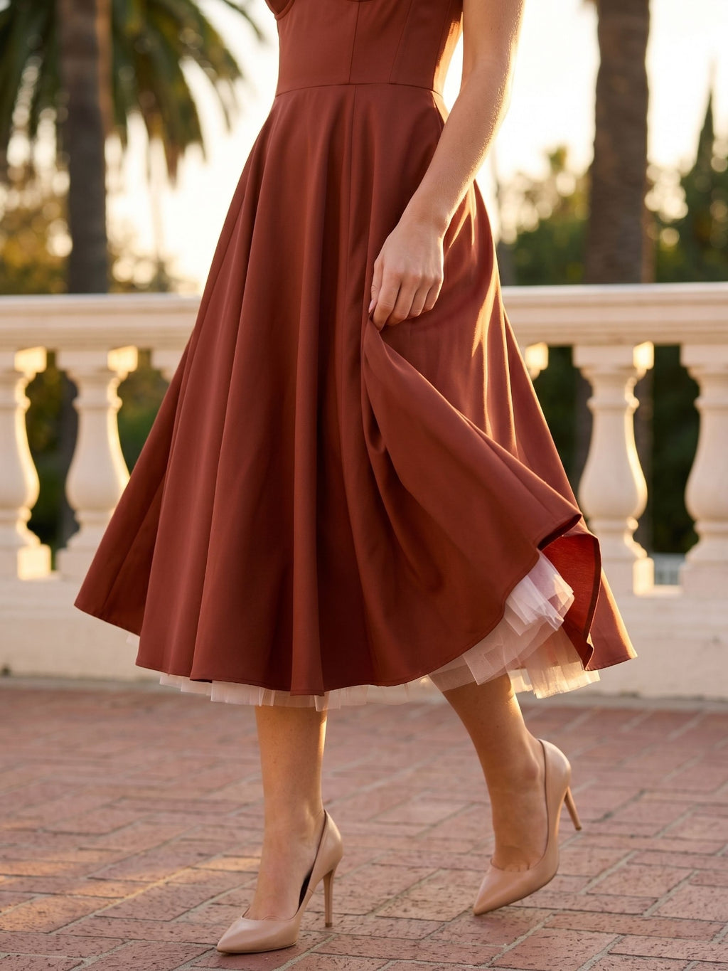 Wine Matte Satin A-Line V-Neck Back Zip Tea-Length Birthday Dress