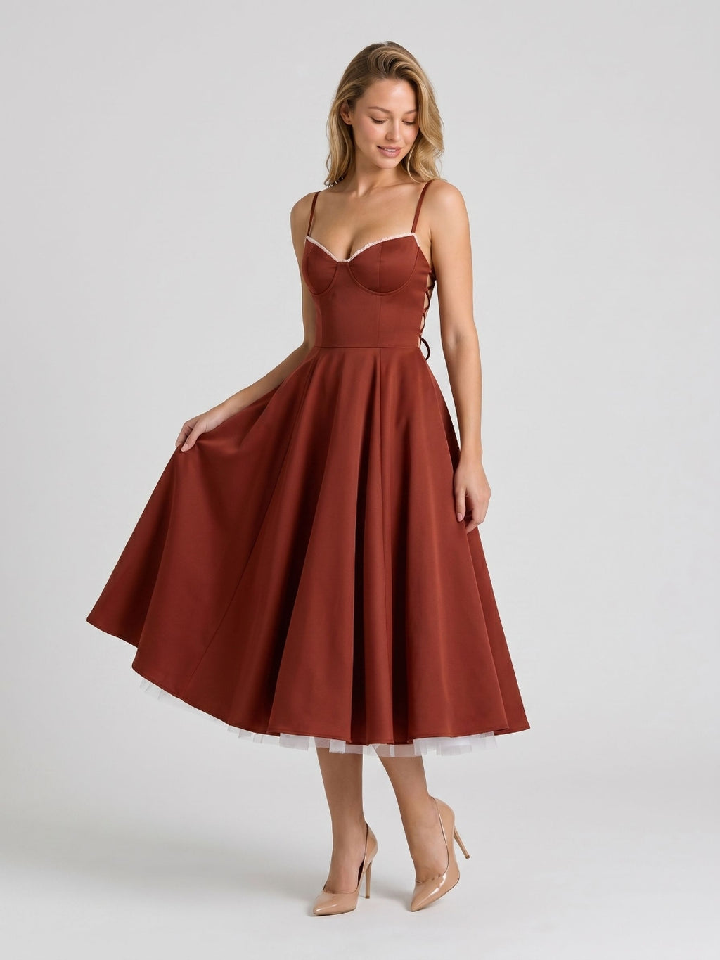 Wine Matte Satin A-Line V-Neck Back Zip Tea-Length Birthday Dress