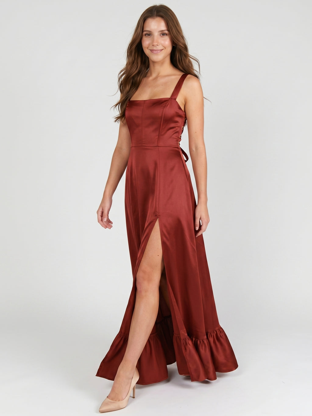 Wine Satin A-Line Square Neck Criss-Cross Straps Bridesmaid Dress with Ruffle