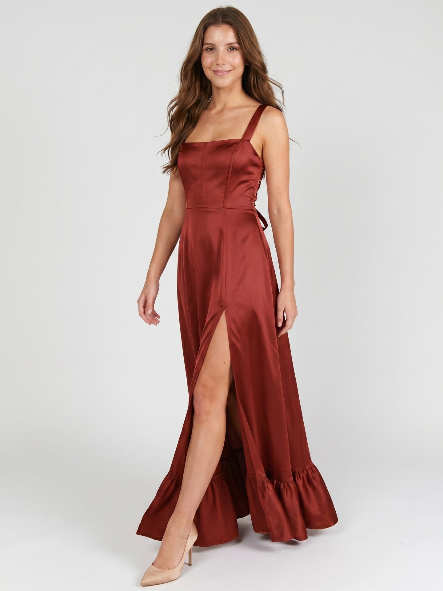Wine Satin A-Line Square Neck Criss-Cross Straps Bridesmaid Dress with Ruffle