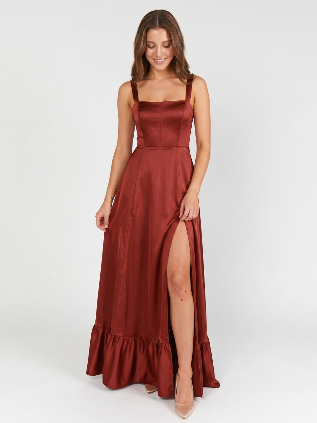 Wine Satin A-Line Square Neck Criss-Cross Straps Bridesmaid Dress with Ruffle