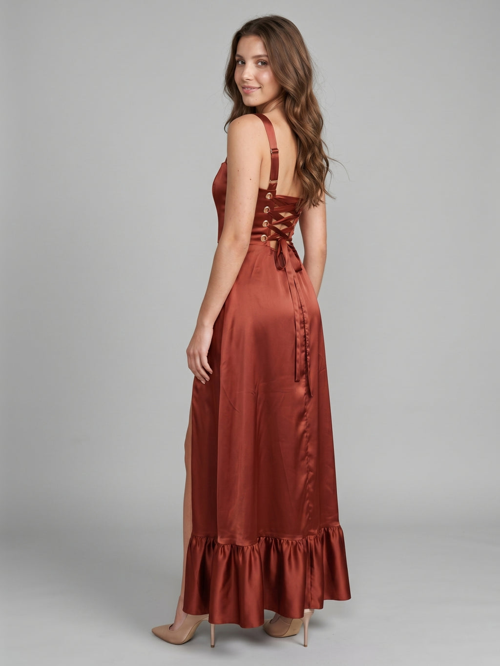 Wine Satin A-Line Square Neck Criss-Cross Straps Bridesmaid Dress with Ruffle