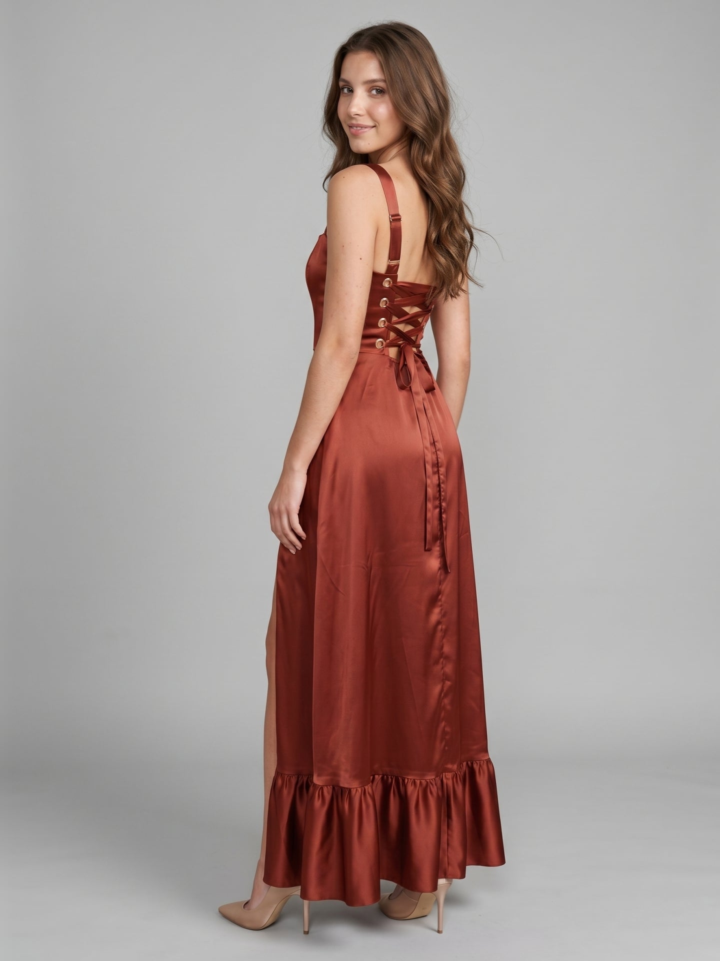 Wine Satin A-Line Square Neck Criss-Cross Straps Bridesmaid Dress with Ruffle