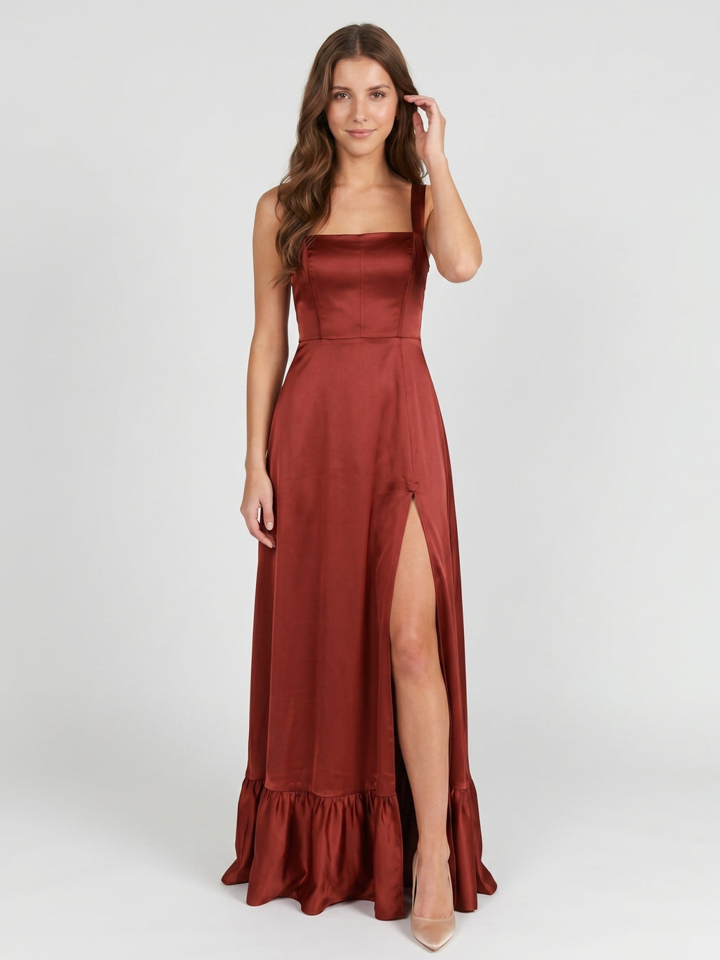Wine Satin A-Line Square Neck Criss-Cross Straps Bridesmaid Dress with Ruffle