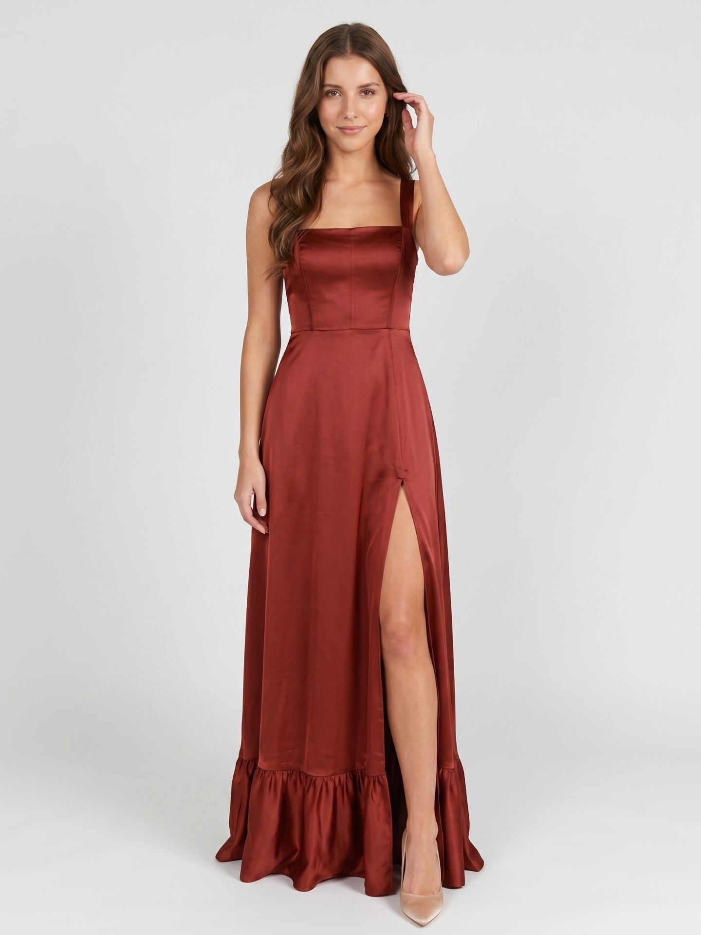 Wine Satin A-Line Square Neck Criss-Cross Straps Bridesmaid Dress with Ruffle