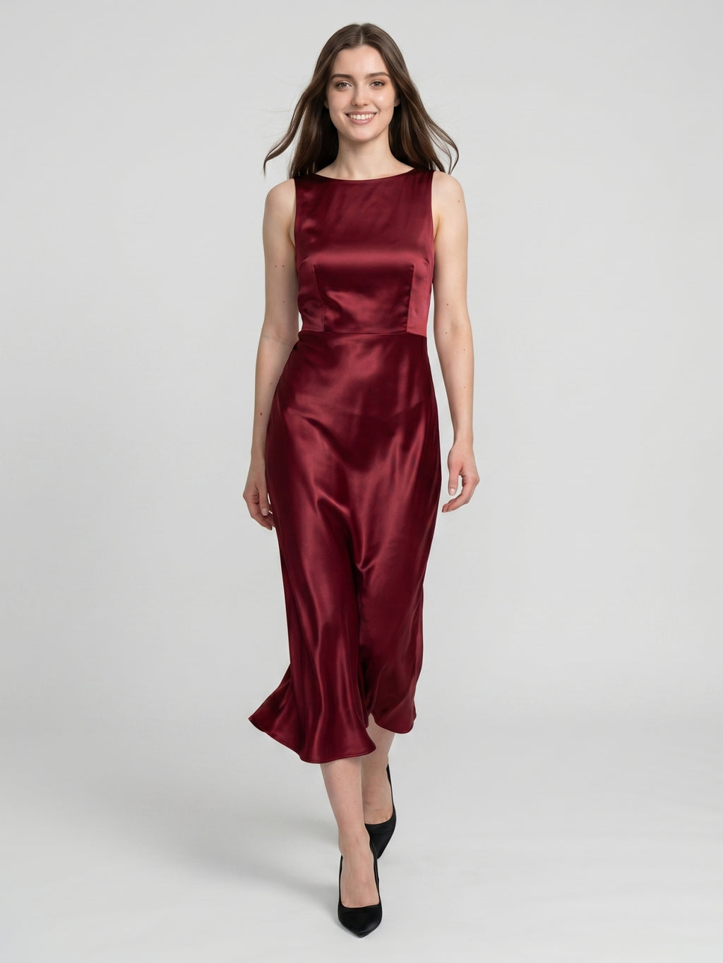 Wine Satin A-Line Scoop Neck Backless Ankle-Length Bridesmaid Dress