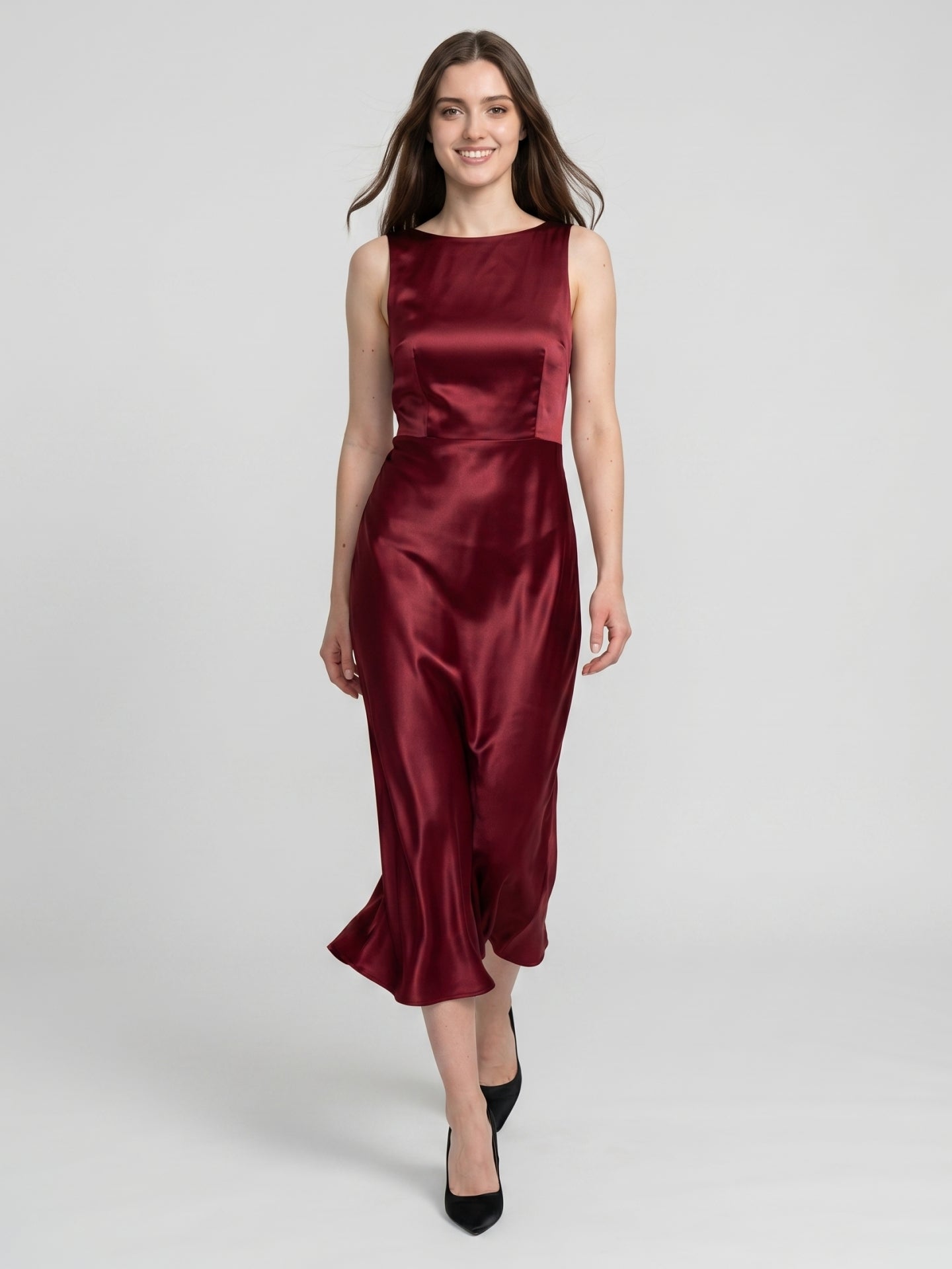 Wine Satin A-Line Scoop Neck Backless Ankle-Length Bridesmaid Dress