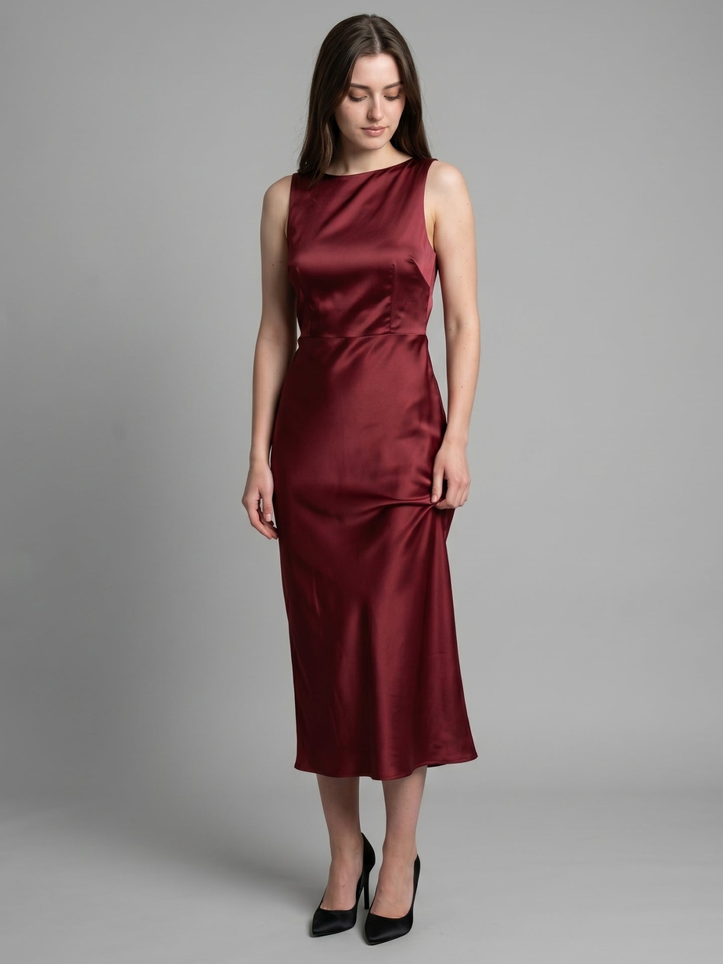 Wine Satin A-Line Scoop Neck Backless Ankle-Length Bridesmaid Dress
