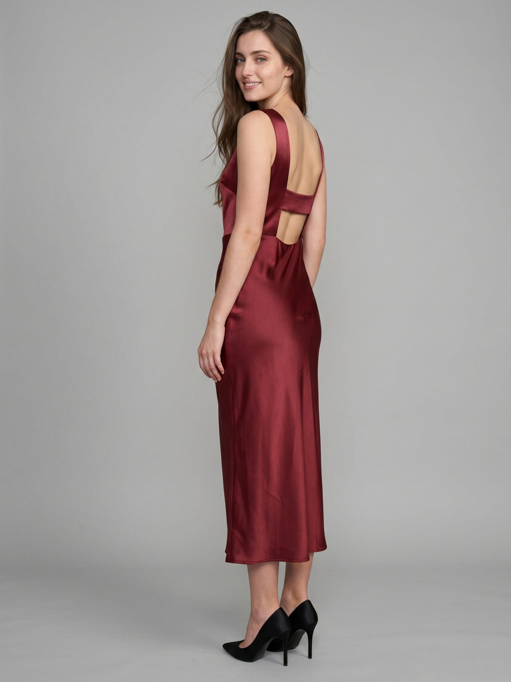 Wine Satin A-Line Scoop Neck Backless Ankle-Length Bridesmaid Dress