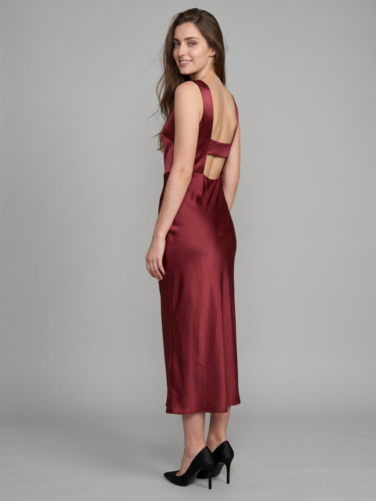Wine Satin A-Line Scoop Neck Backless Ankle-Length Bridesmaid Dress