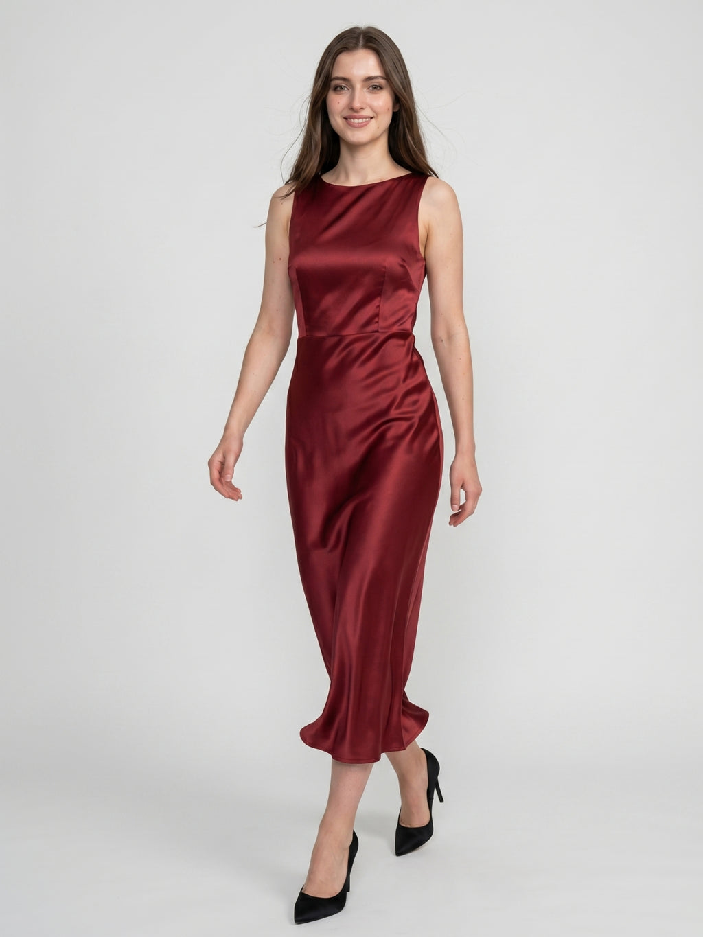 Wine Satin A-Line Scoop Neck Backless Ankle-Length Bridesmaid Dress