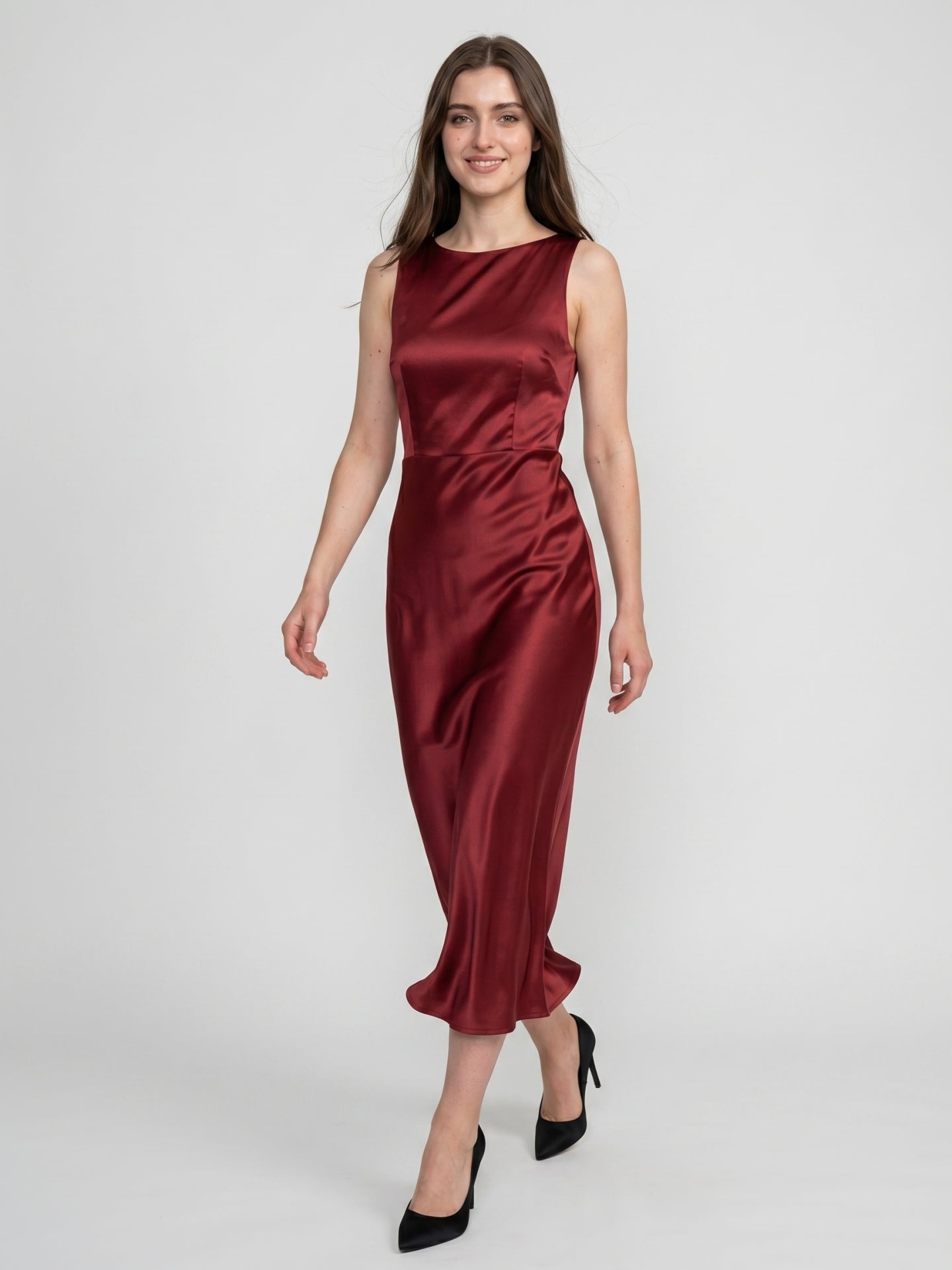 Wine Satin A-Line Scoop Neck Backless Ankle-Length Bridesmaid Dress