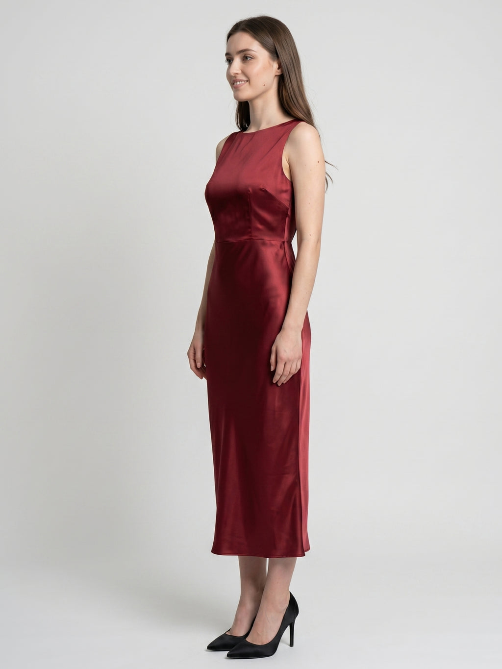 Wine Satin A-Line Scoop Neck Backless Ankle-Length Bridesmaid Dress