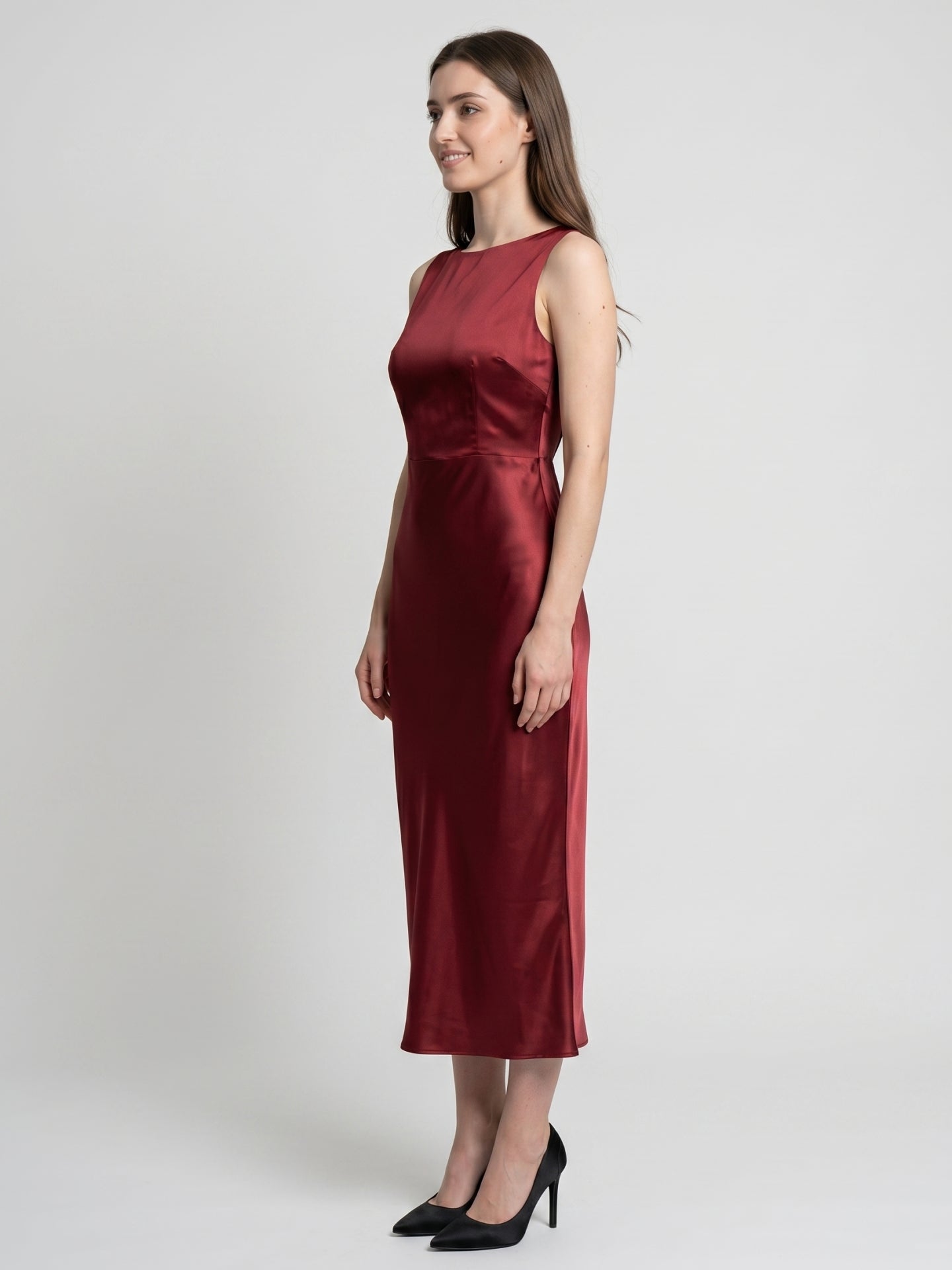 Wine Satin A-Line Scoop Neck Backless Ankle-Length Bridesmaid Dress