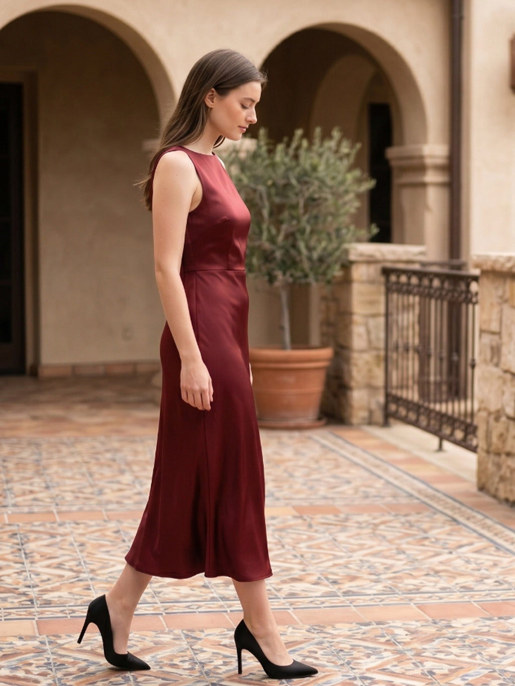 Wine Satin A-Line Scoop Neck Backless Ankle-Length Bridesmaid Dress