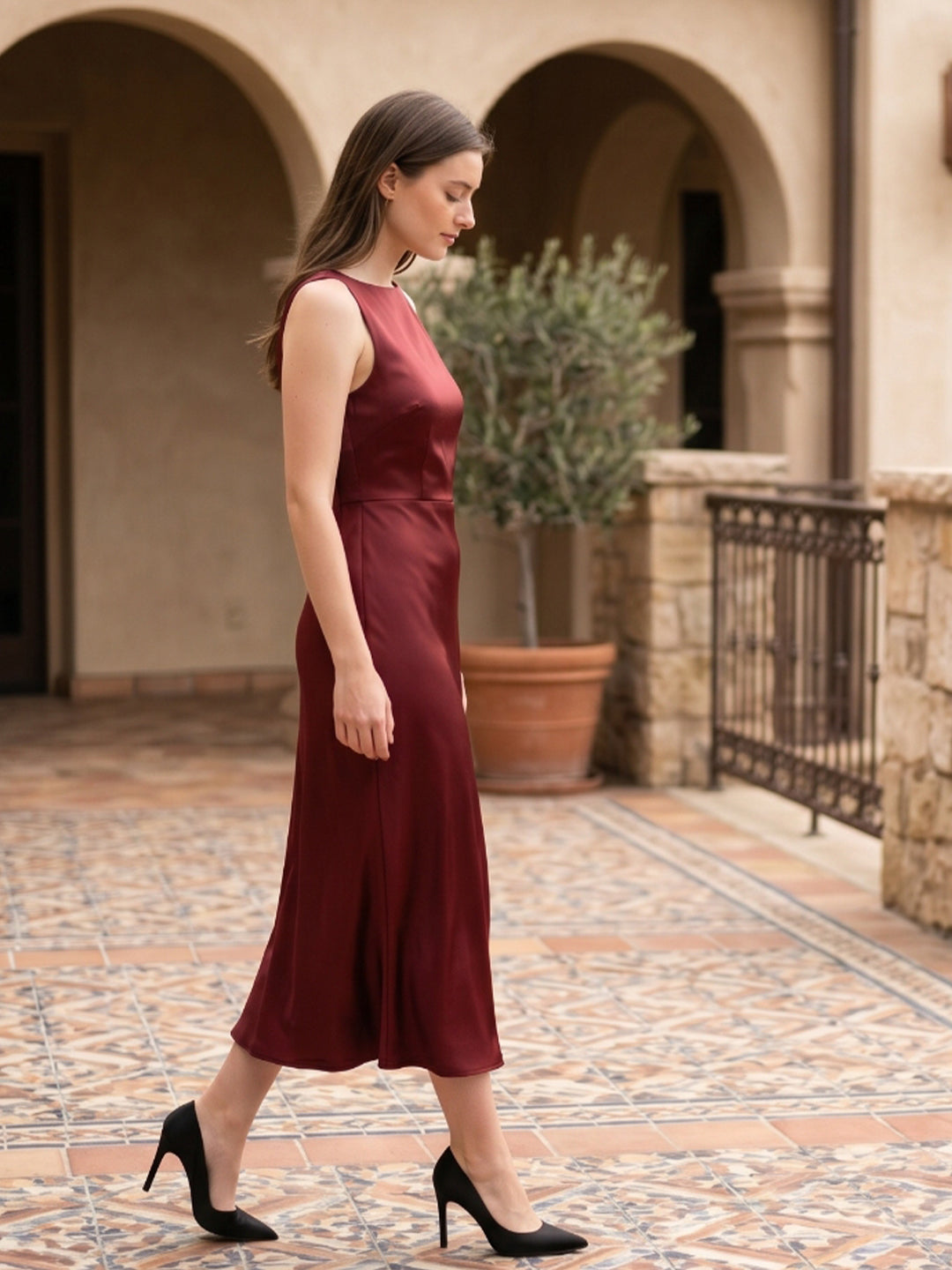 Wine Satin A-Line Scoop Neck Backless Ankle-Length Bridesmaid Dress
