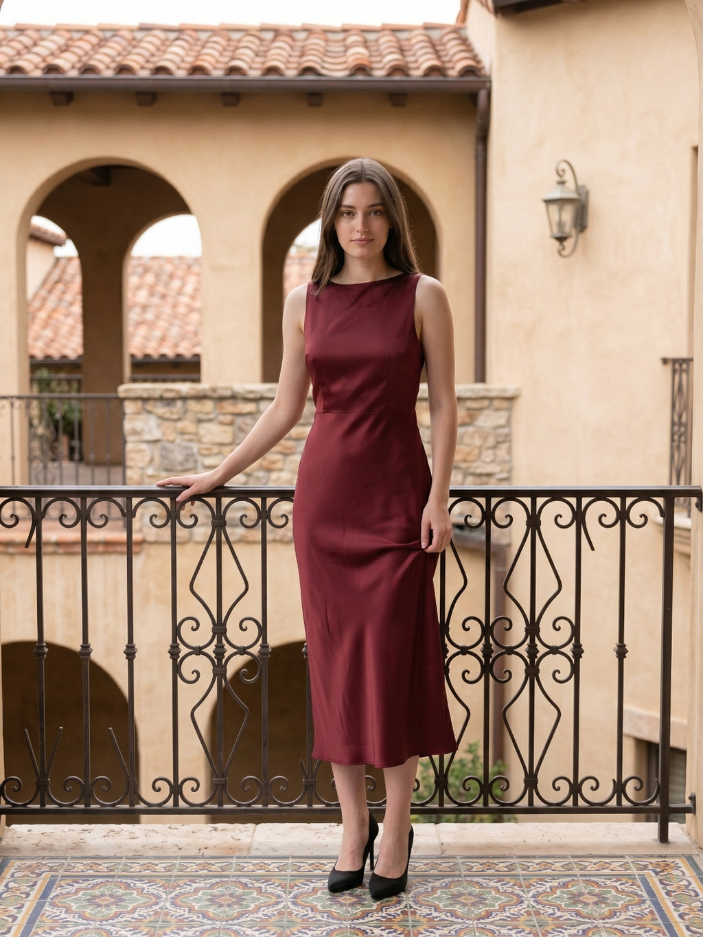 Wine Satin A-Line Scoop Neck Backless Ankle-Length Bridesmaid Dress