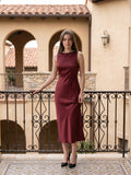 Wine Satin A-Line Scoop Neck Backless Ankle-Length Bridesmaid Dress