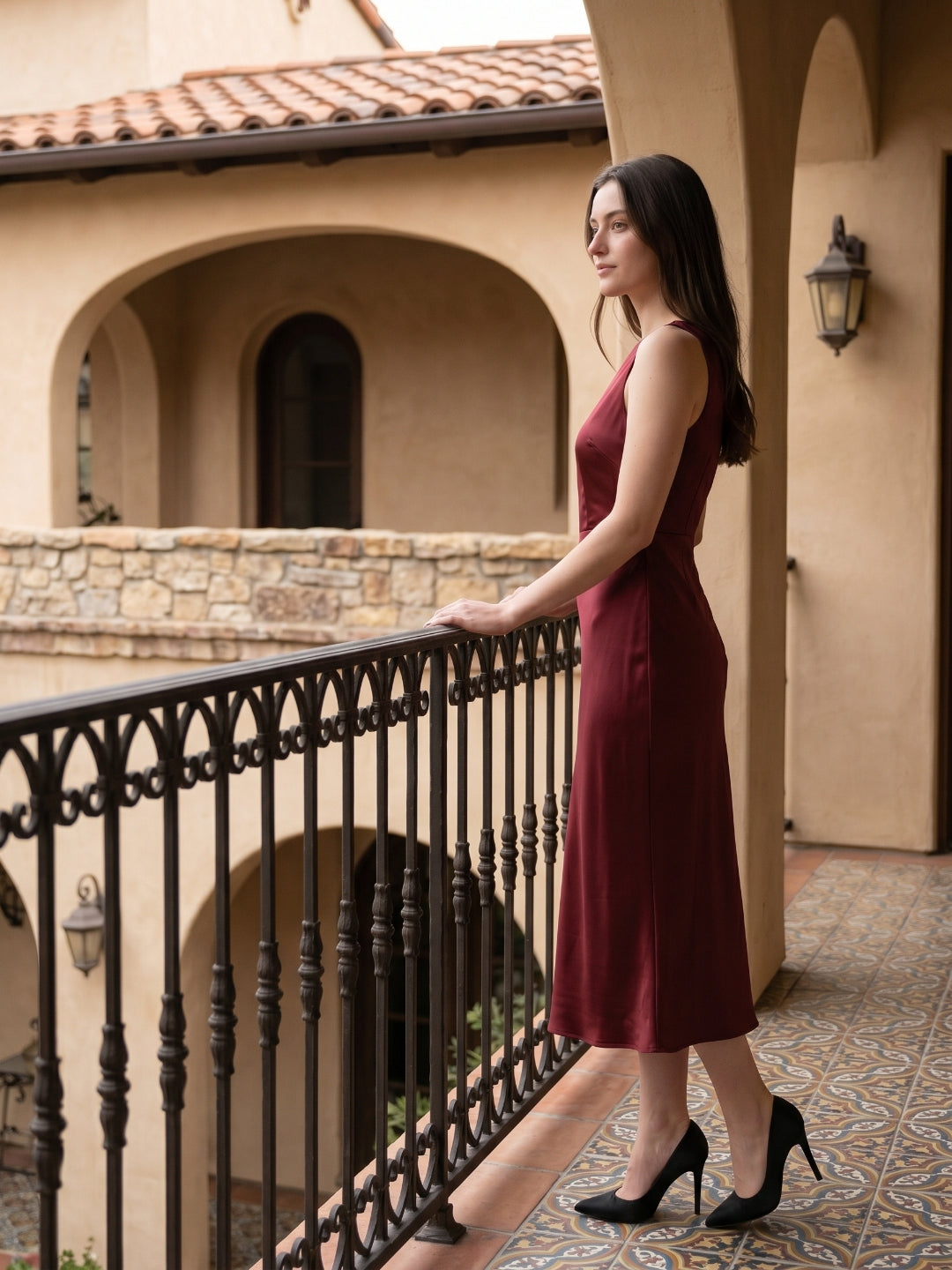 Wine Satin A-Line Scoop Neck Backless Ankle-Length Bridesmaid Dress
