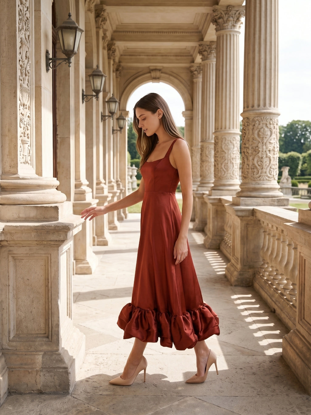 Wine Satin A-Line Square Neck Ankle-Length Bridesmaid Dress with Pleats