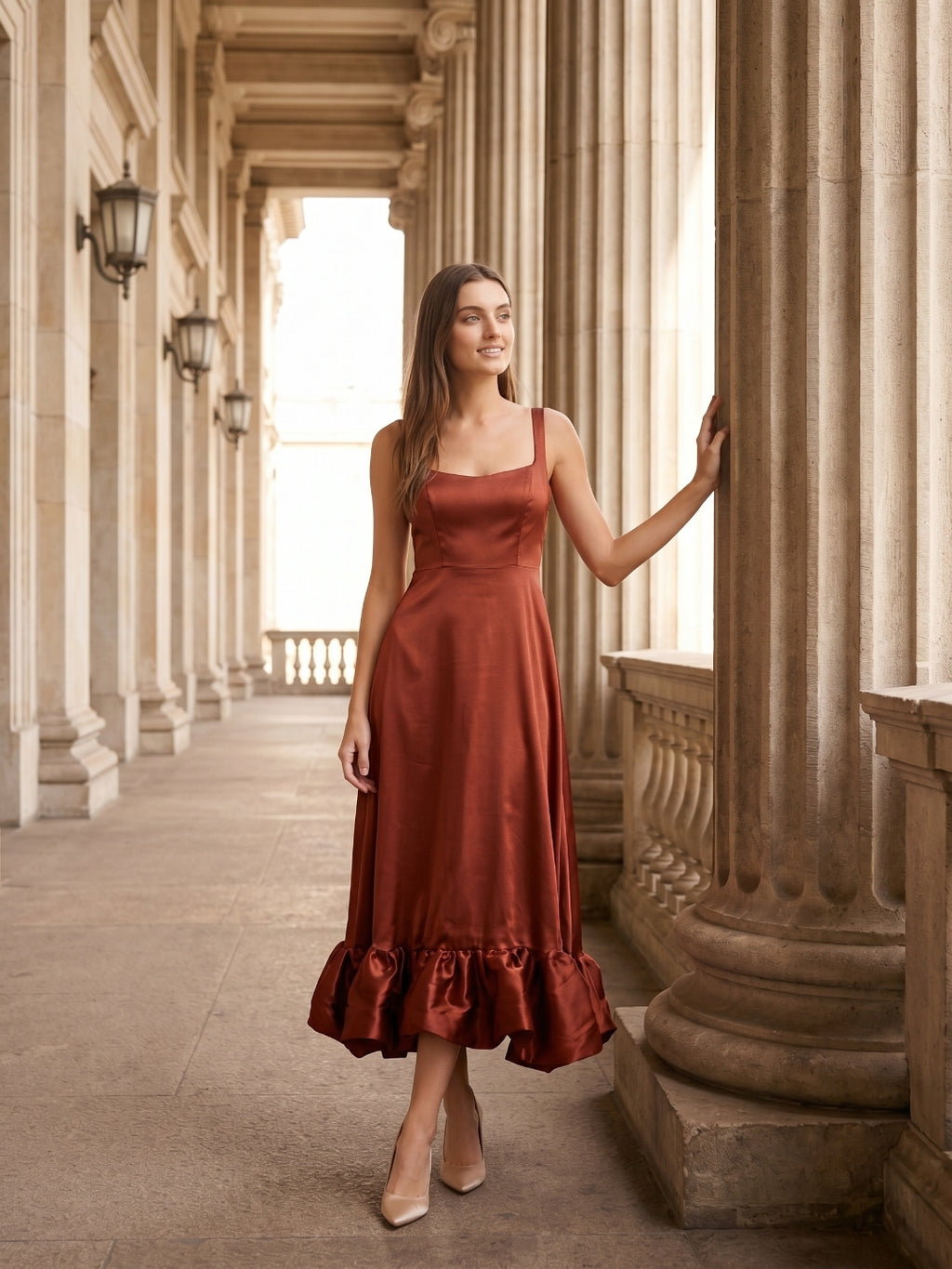 Wine Satin A-Line Square Neck Ankle-Length Bridesmaid Dress with Pleats