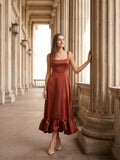 Wine Satin A-Line Square Neck Ankle-Length Bridesmaid Dress with Pleats