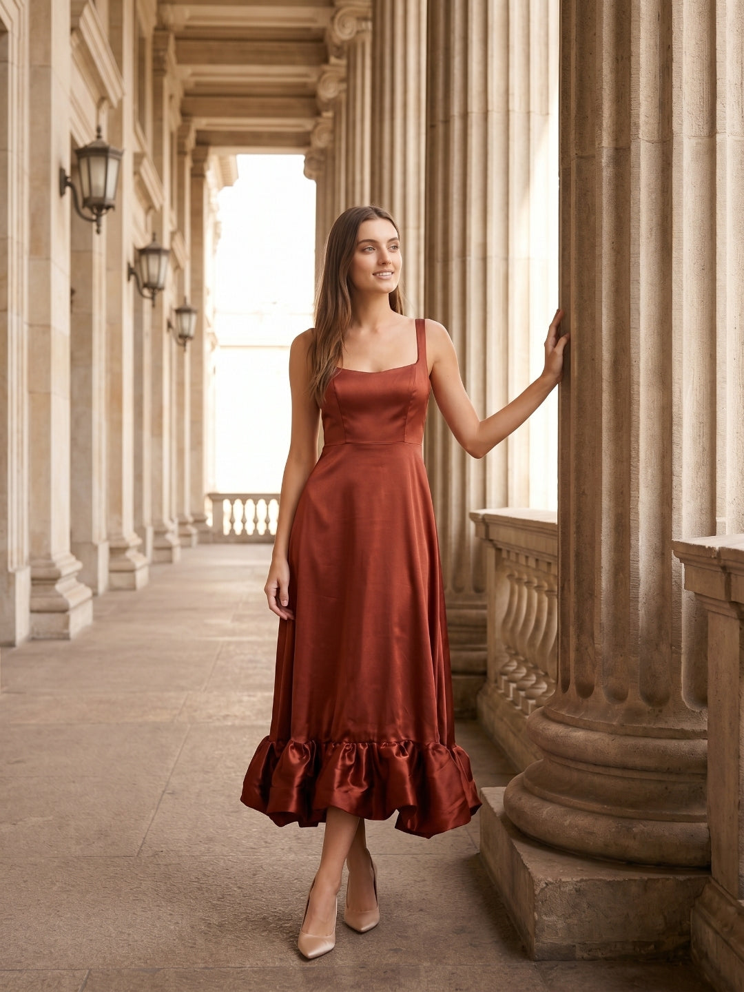 Wine Satin A-Line Square Neck Ankle-Length Bridesmaid Dress with Pleats