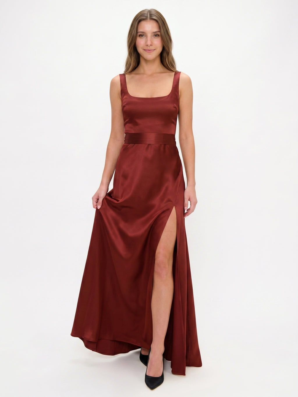 Wine Satin A-Line Square Neck Backless Ankle-Length Bridesmaid Dress