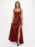 Wine Satin A-Line Square Neck Backless Ankle-Length Bridesmaid Dress
