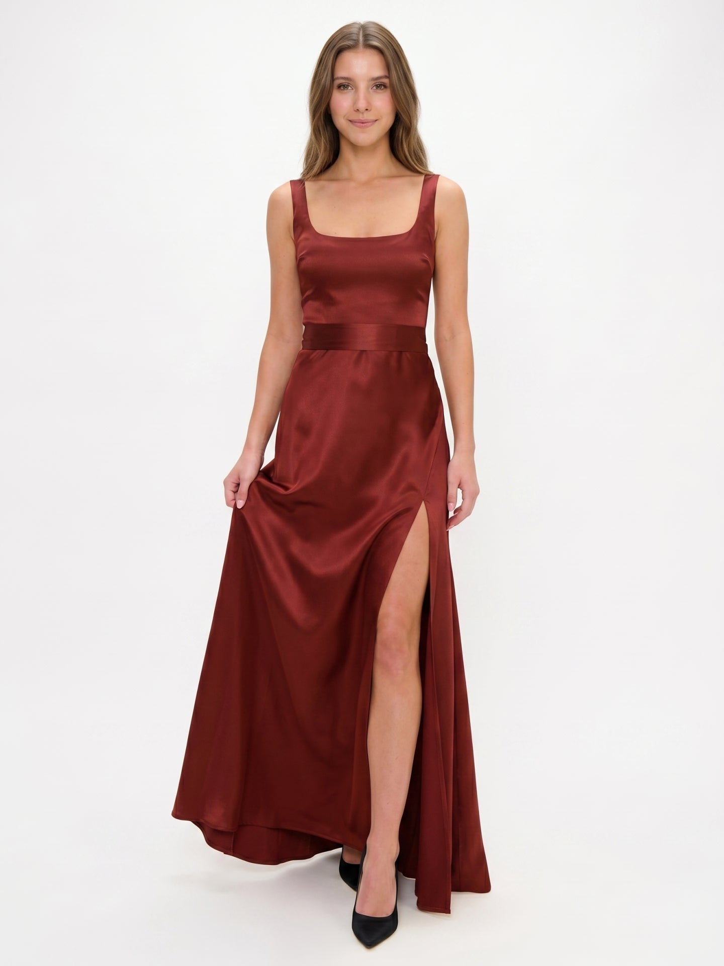 Wine Satin A-Line Square Neck Backless Ankle-Length Bridesmaid Dress