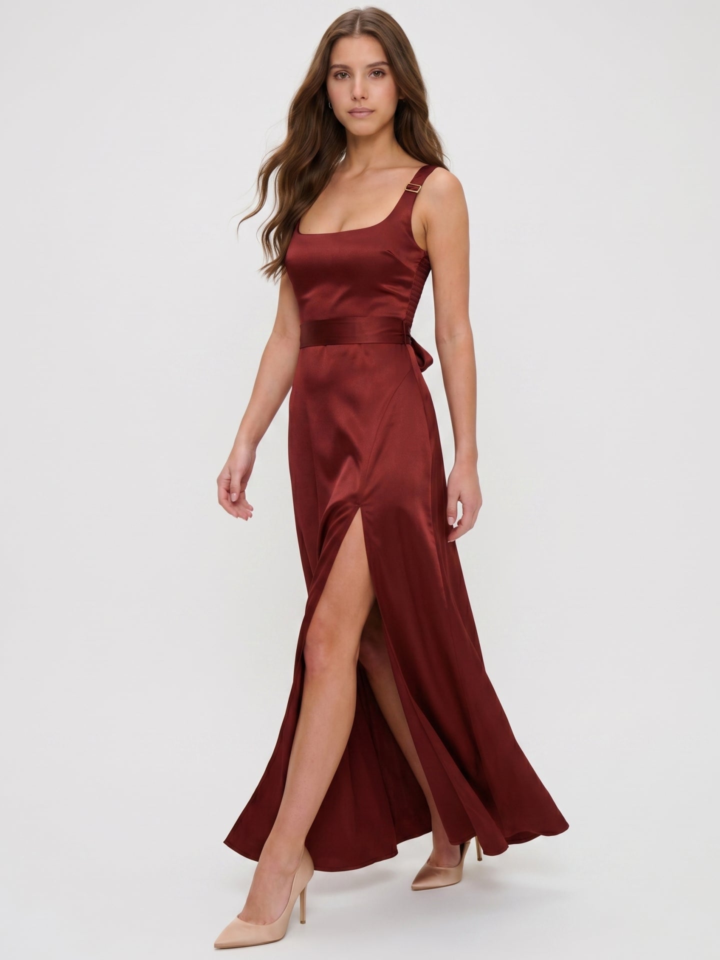 Wine Satin A-Line Square Neck Backless Ankle-Length Bridesmaid Dress