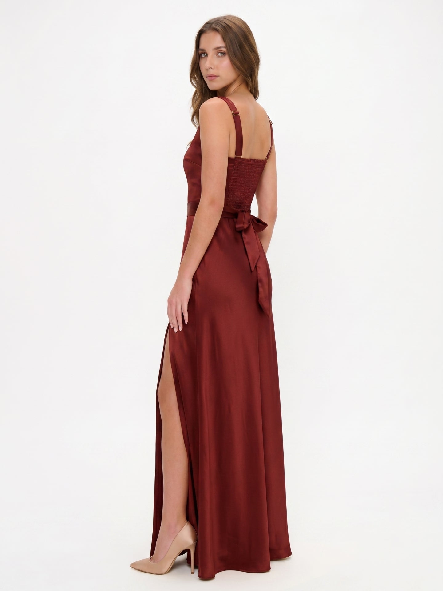 Wine Satin A-Line Square Neck Backless Ankle-Length Bridesmaid Dress