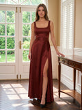 Wine Satin A-Line Square Neck Backless Ankle-Length Bridesmaid Dress