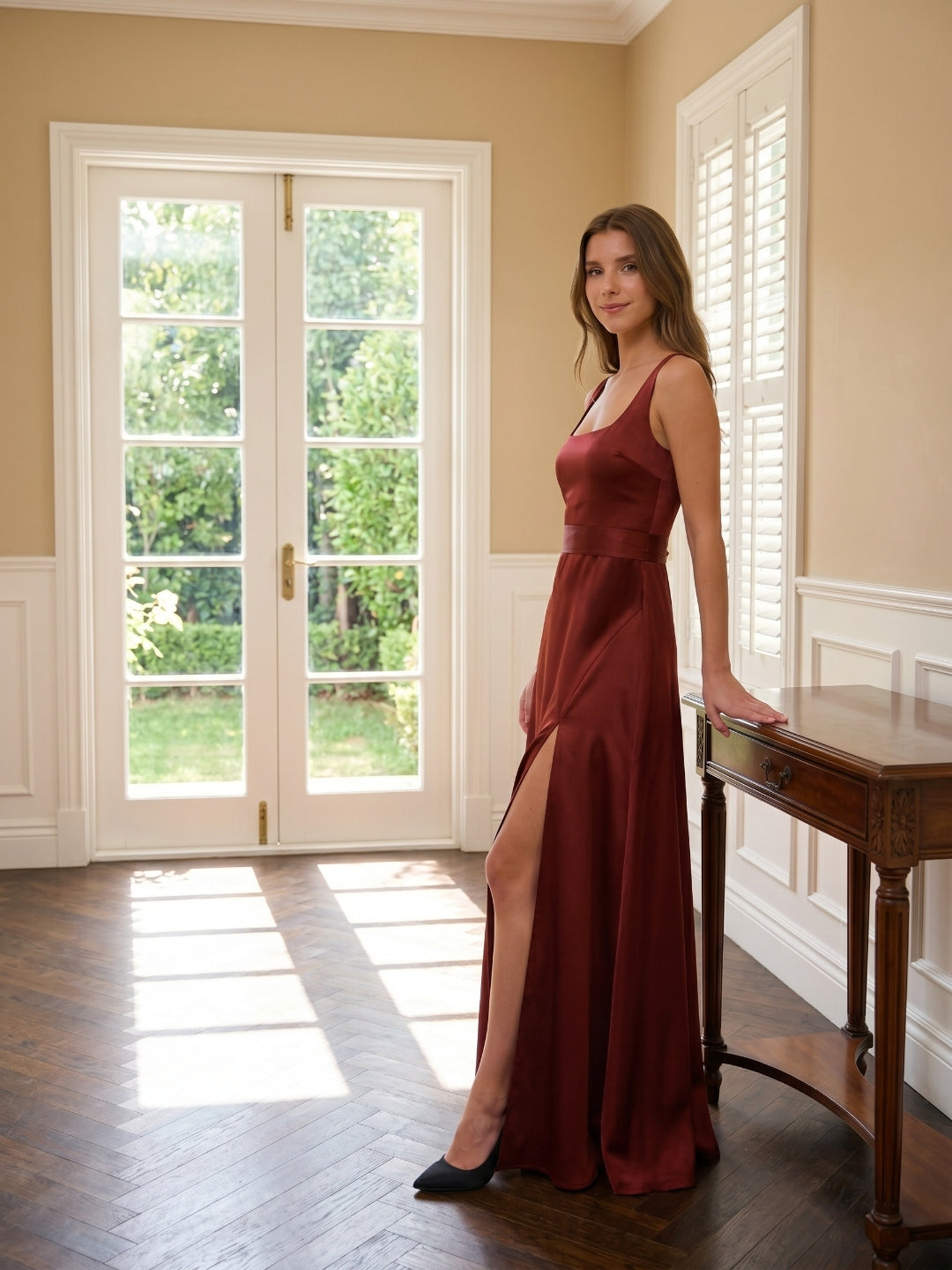 Wine Satin A-Line Square Neck Backless Ankle-Length Bridesmaid Dress