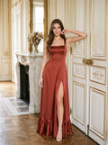 Wine Satin A-Line Square Neck Criss-Cross Straps Bridesmaid Dress with Ruffle