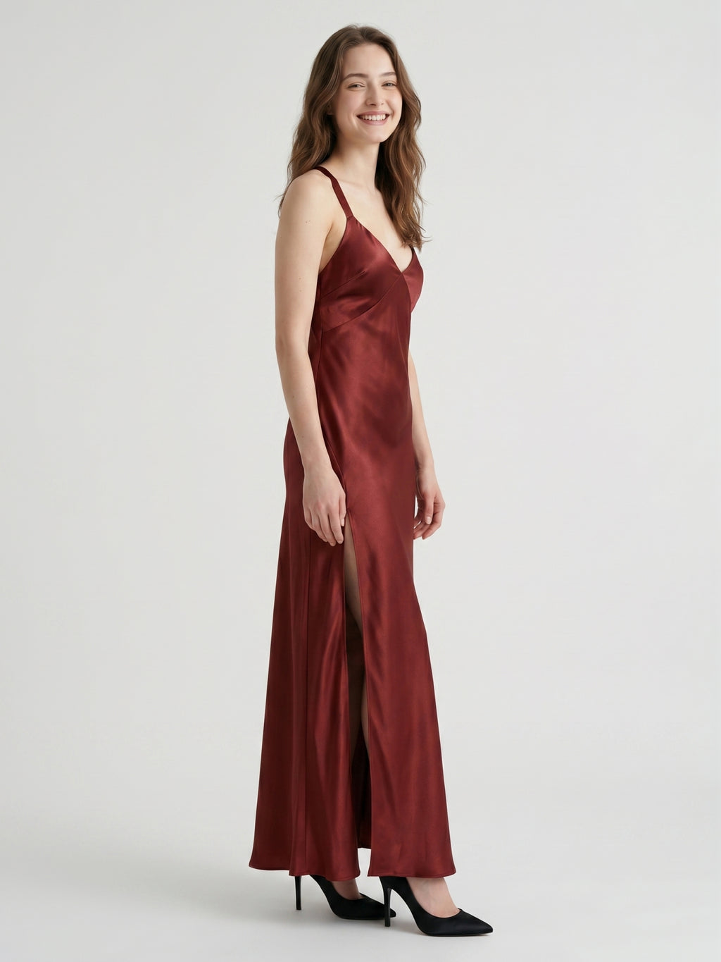 Wine Satin A-Line V-Neck Criss-Cross Floor-Length Bridesmaid Dress