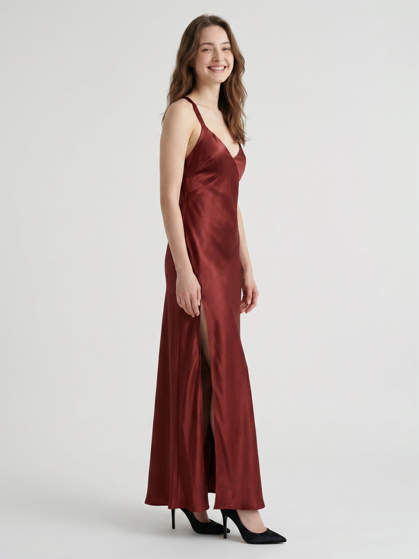 Wine Satin A-Line V-Neck Criss-Cross Floor-Length Bridesmaid Dress