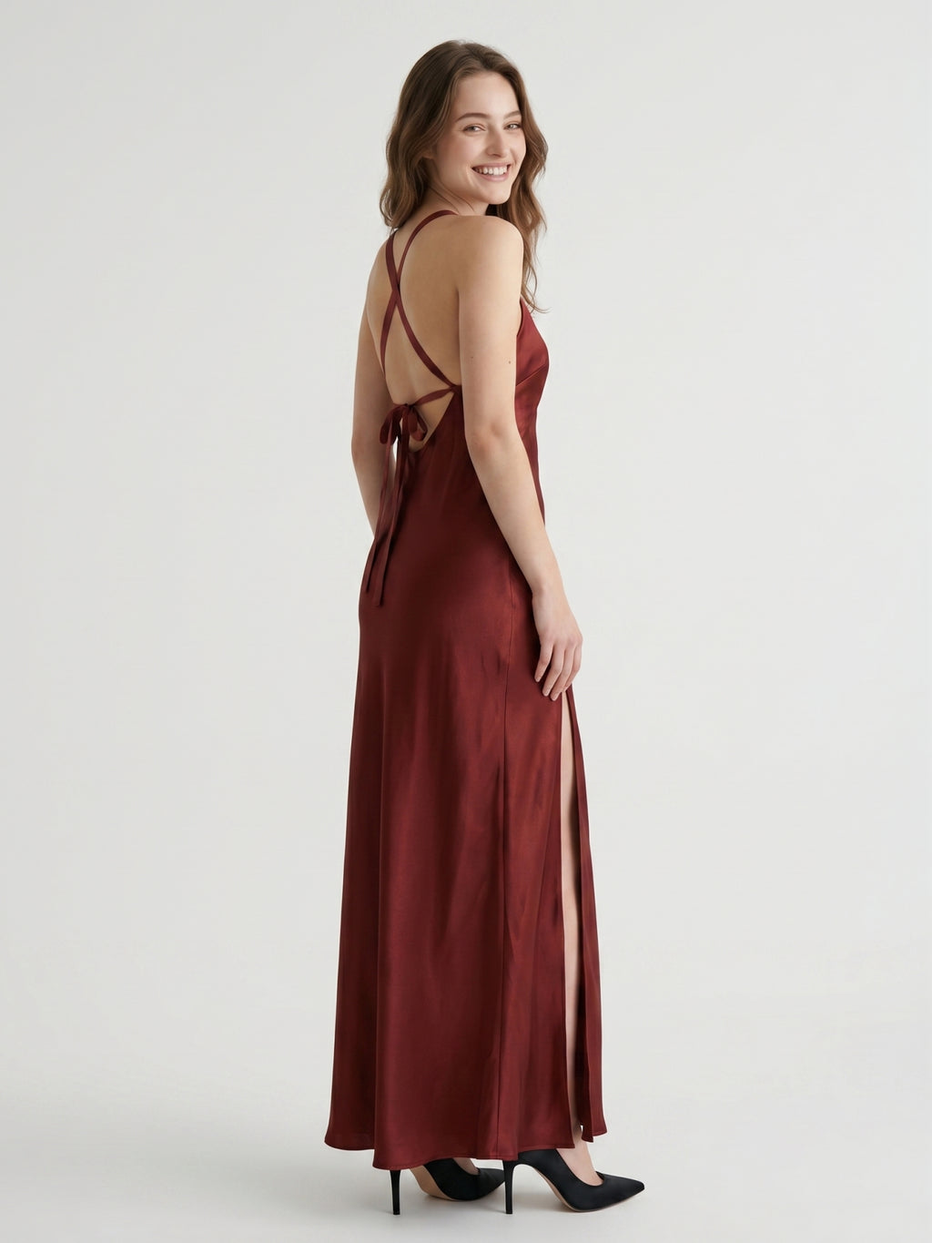 Wine Satin A-Line V-Neck Criss-Cross Floor-Length Bridesmaid Dress