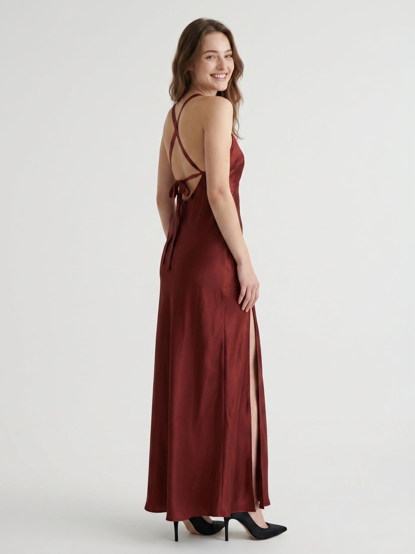 Wine Satin A-Line V-Neck Criss-Cross Floor-Length Bridesmaid Dress