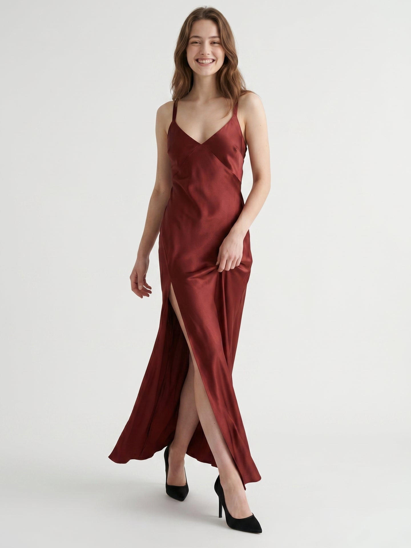Wine Satin A-Line V-Neck Criss-Cross Floor-Length Bridesmaid Dress