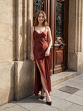 Wine Satin A-Line V-Neck Criss-Cross Floor-Length Bridesmaid Dress