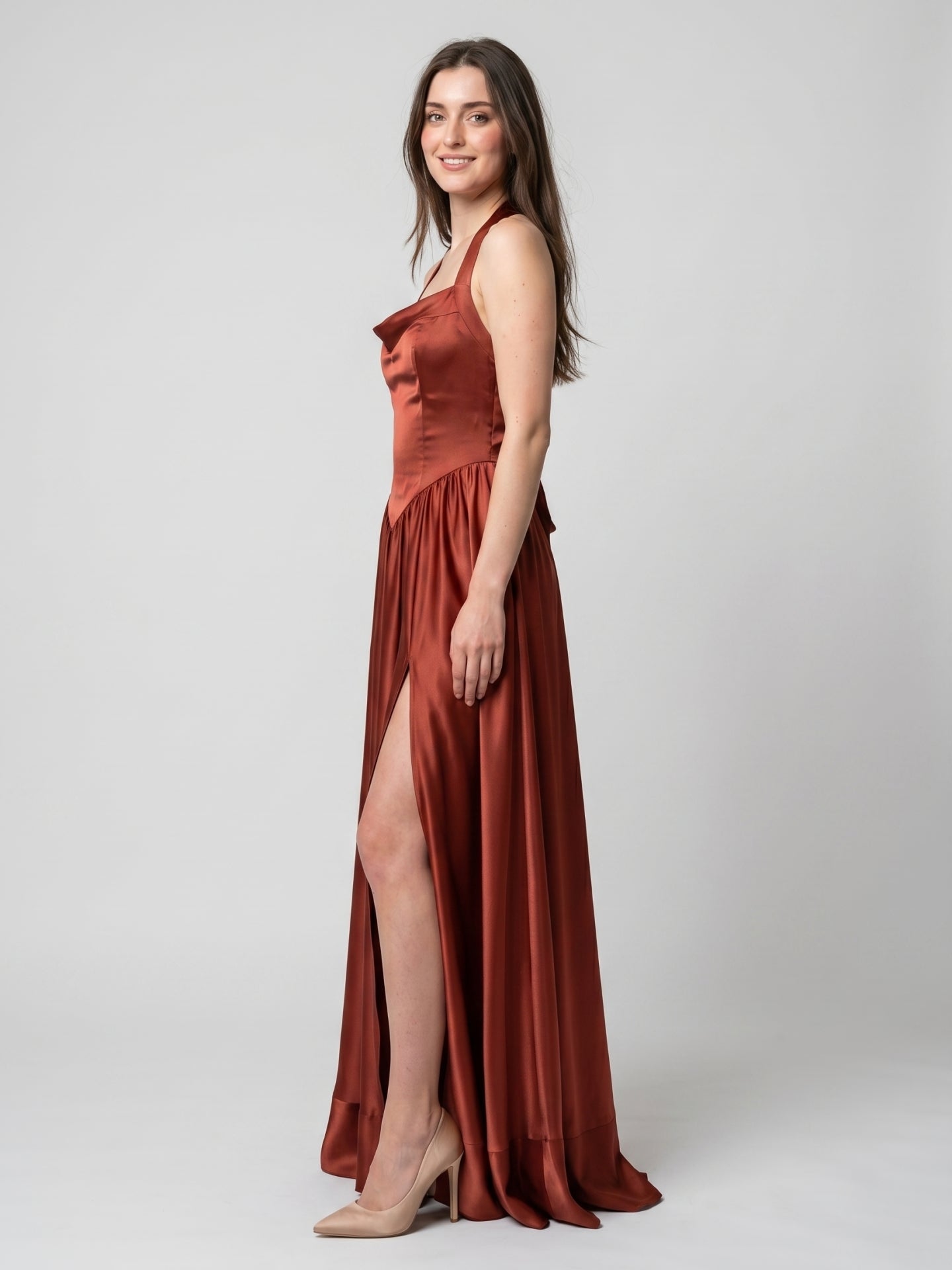 Wine Satin A-Line V-Neck Criss-Cross Straps Floor-Length Bridesmaid Dress