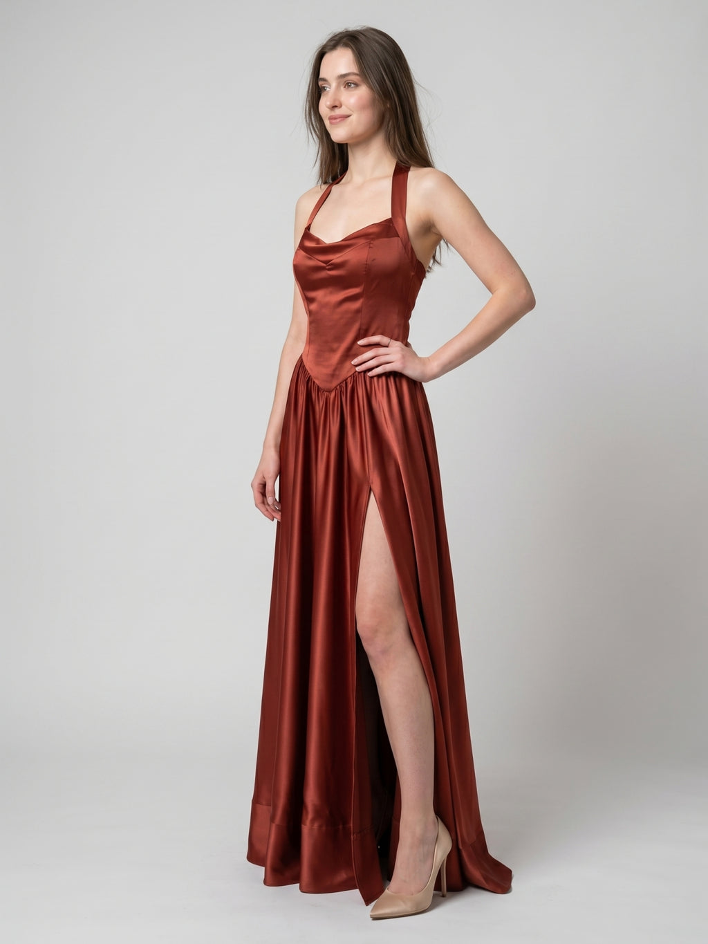 Wine Satin A-Line V-Neck Criss-Cross Straps Floor-Length Bridesmaid Dress