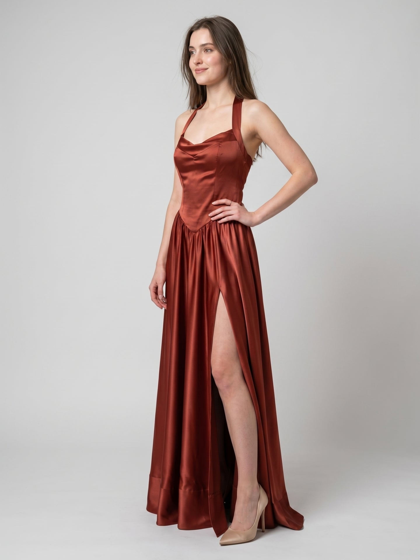 Wine Satin A-Line V-Neck Criss-Cross Straps Floor-Length Bridesmaid Dress