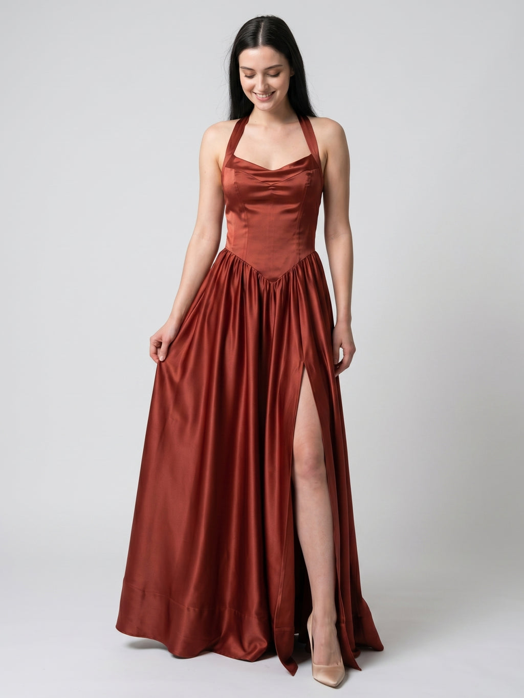 Wine Satin A-Line V-Neck Criss-Cross Straps Floor-Length Bridesmaid Dress