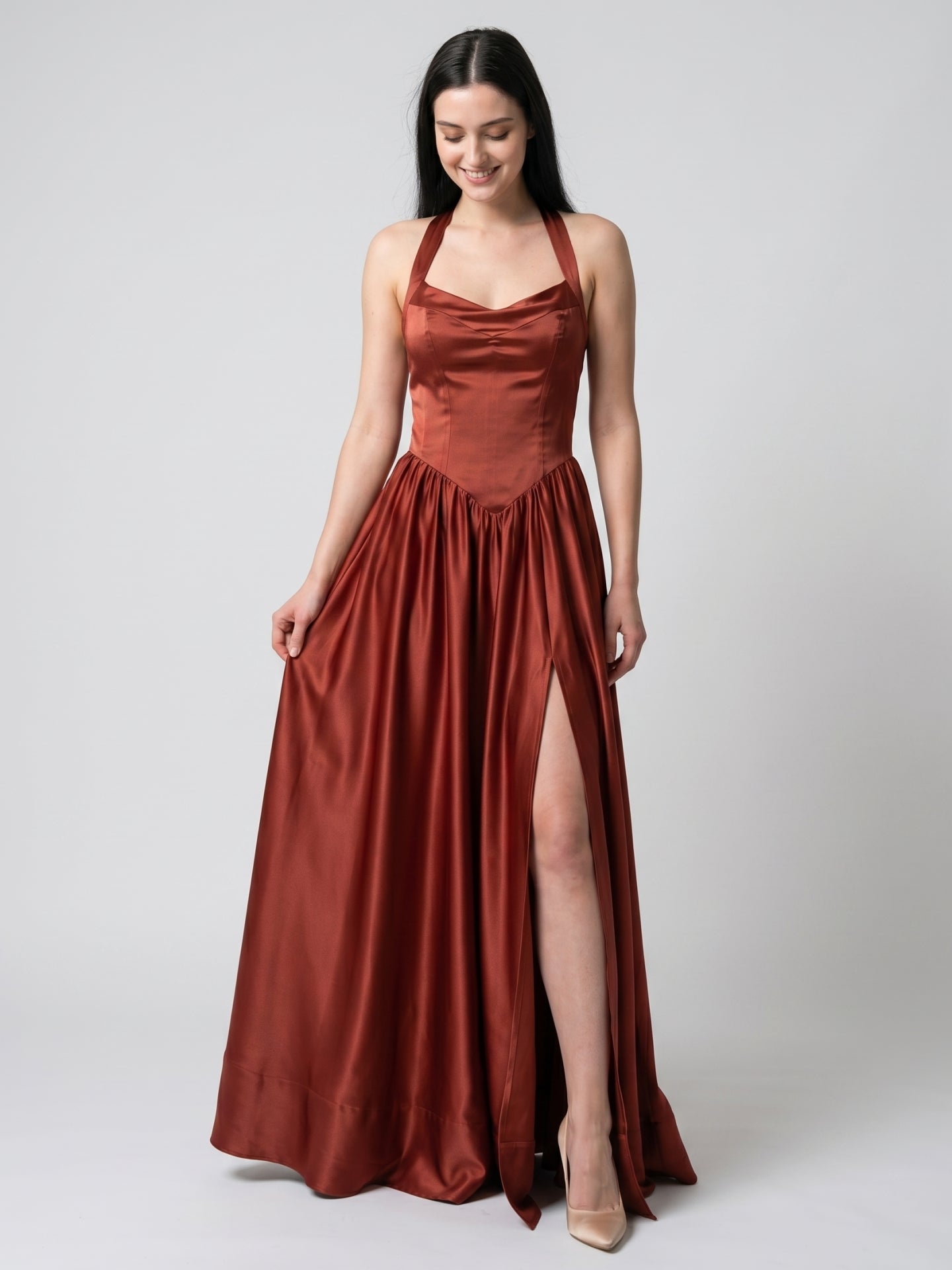 Wine Satin A-Line V-Neck Criss-Cross Straps Floor-Length Bridesmaid Dress