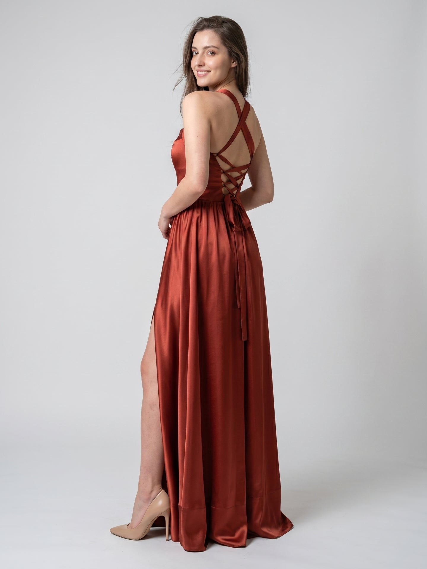 Wine Satin A-Line V-Neck Criss-Cross Straps Floor-Length Bridesmaid Dress